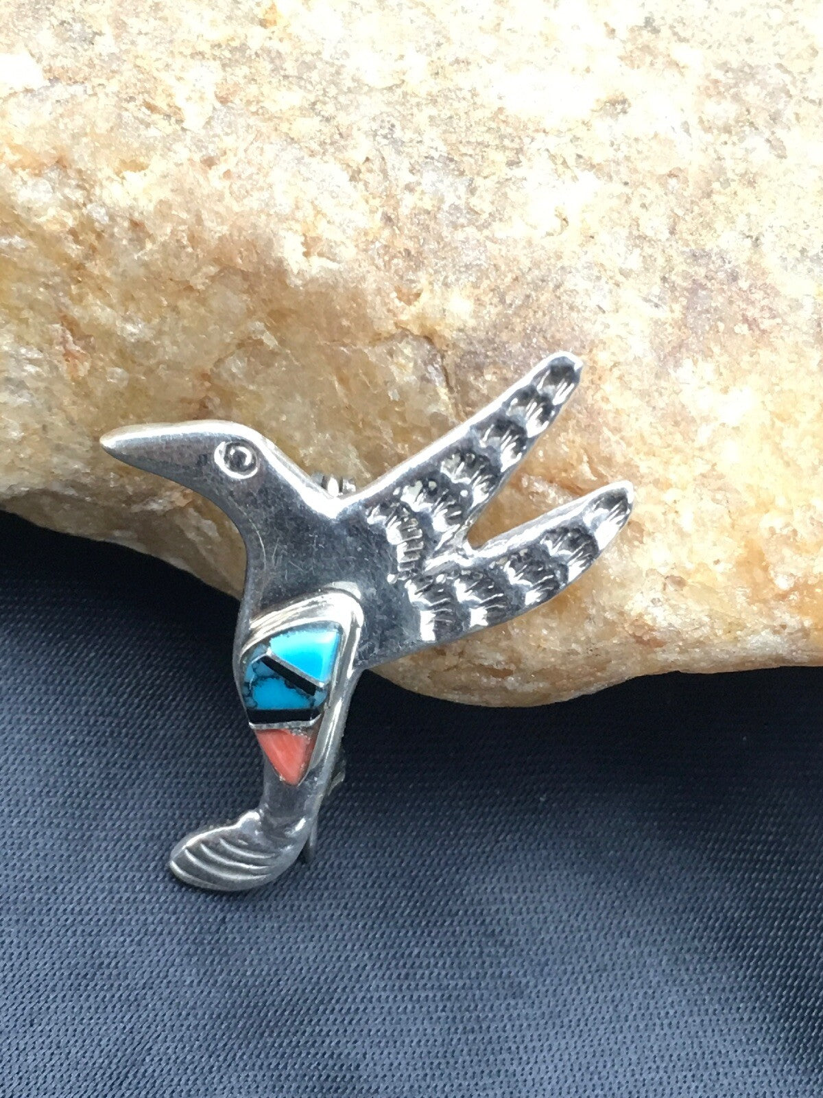 Coral & Turquoise Hummingbird Navajo Sterling Silver Inlay Pin 02901