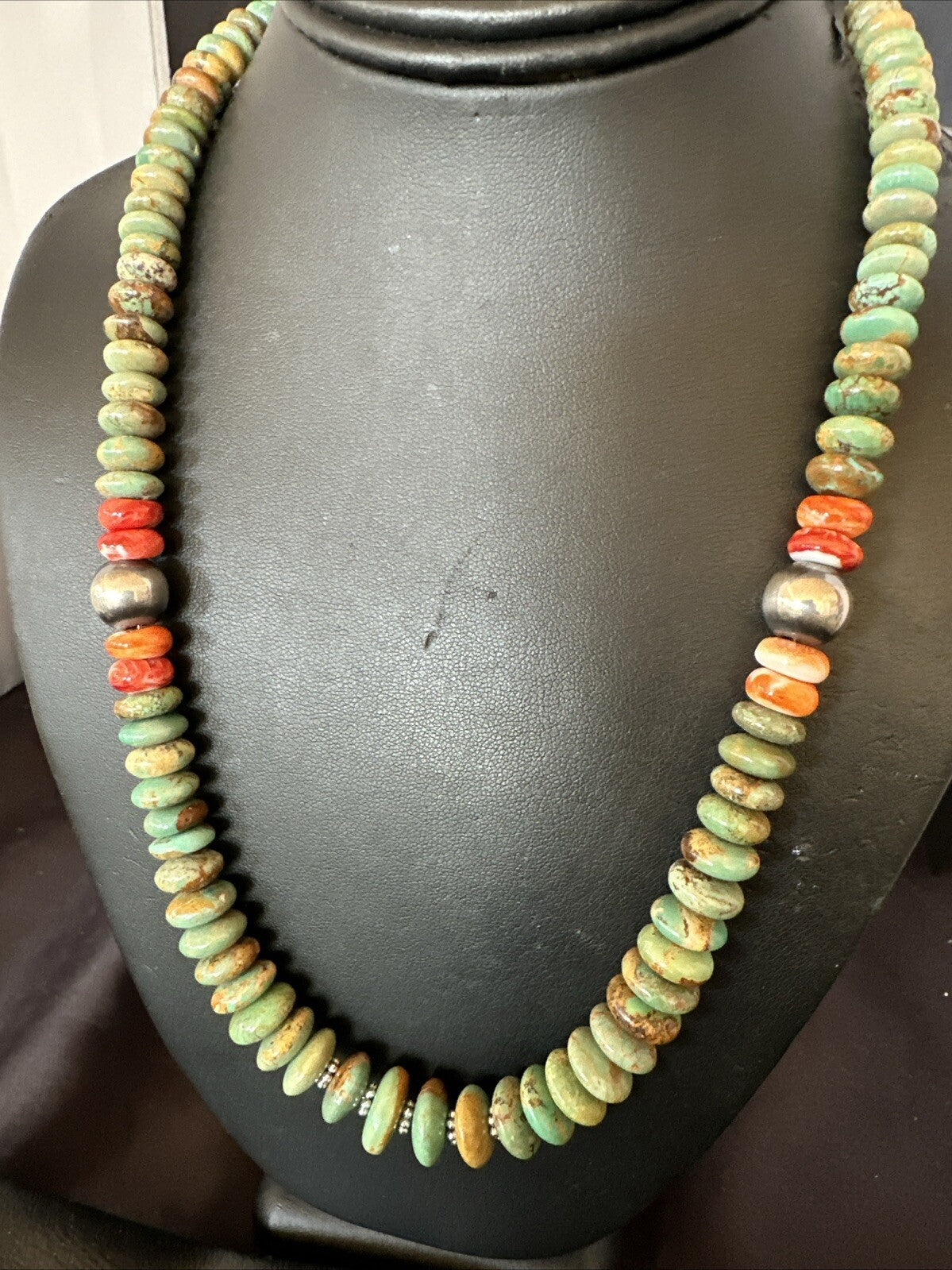 Green Turquoise Spiny Oyster Navajo Pearls Sterling Silver Necklace 18318