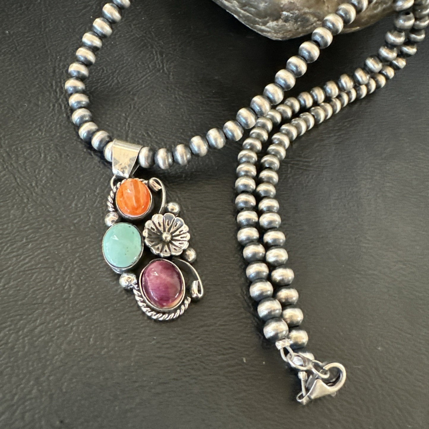Multicolor Turquoise Spiny Navajo Sterling Silver Cluster Pendant Necklace 19311