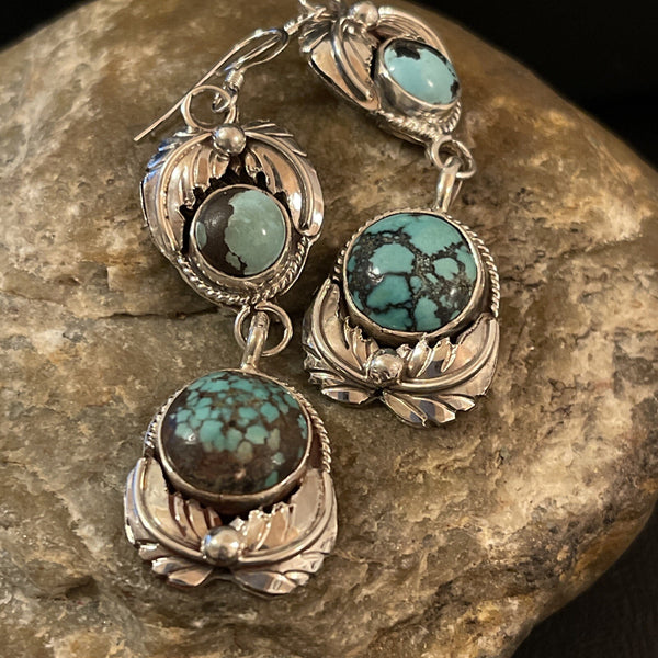 Women's Blue Spider Web Turquoise Navajo Dangle Earrings | Sterling Silver | Authentic Native American Handmade | 1238