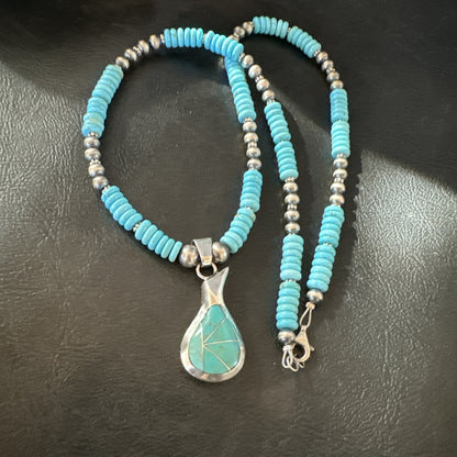 Pottery Blue Turquoise Inlay Pendant Navajo Sterling Silver Necklace 20" 19678