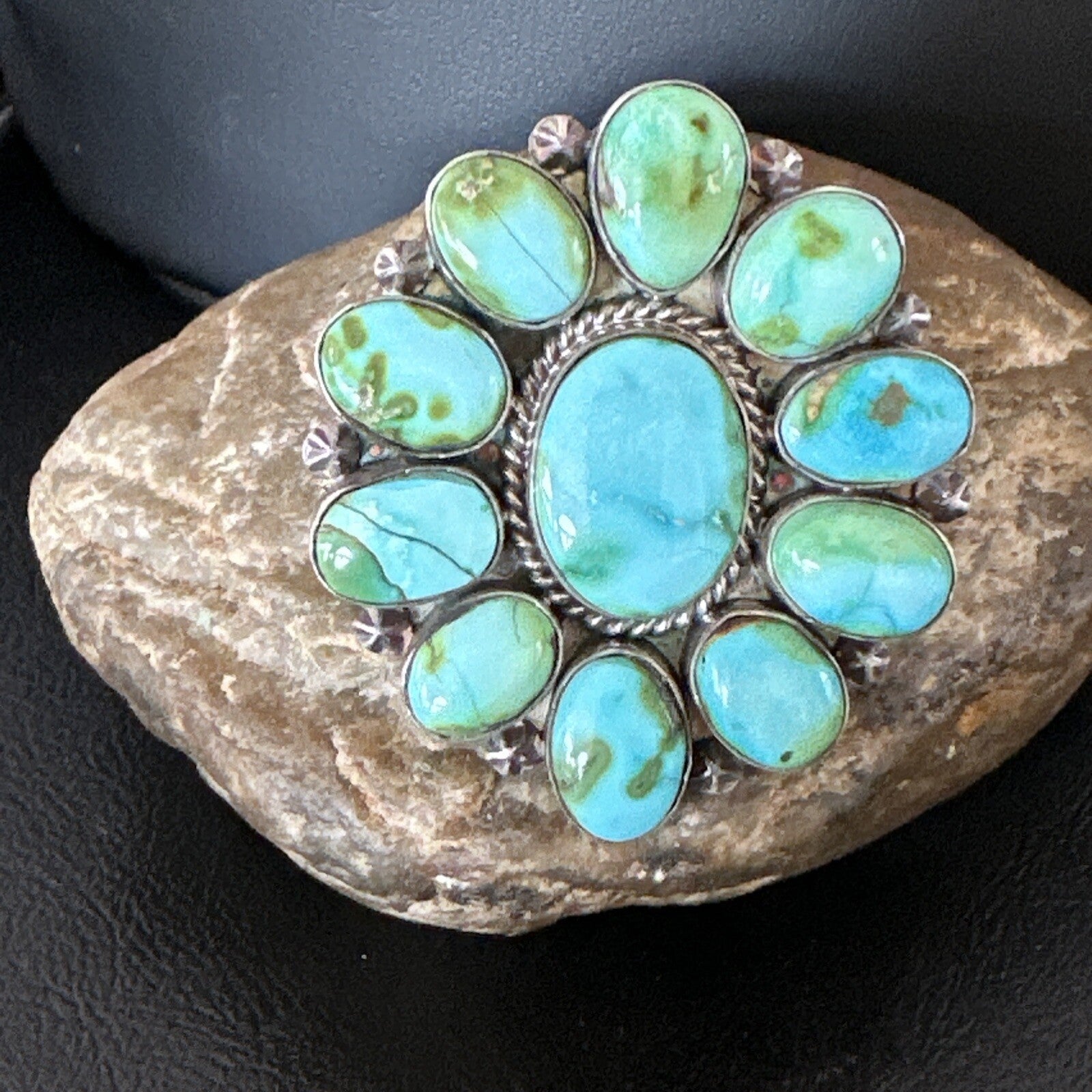 Sonoran Gold Green Turquoise Navajo Sterling Silver Cluster Ring Size 11 16033N