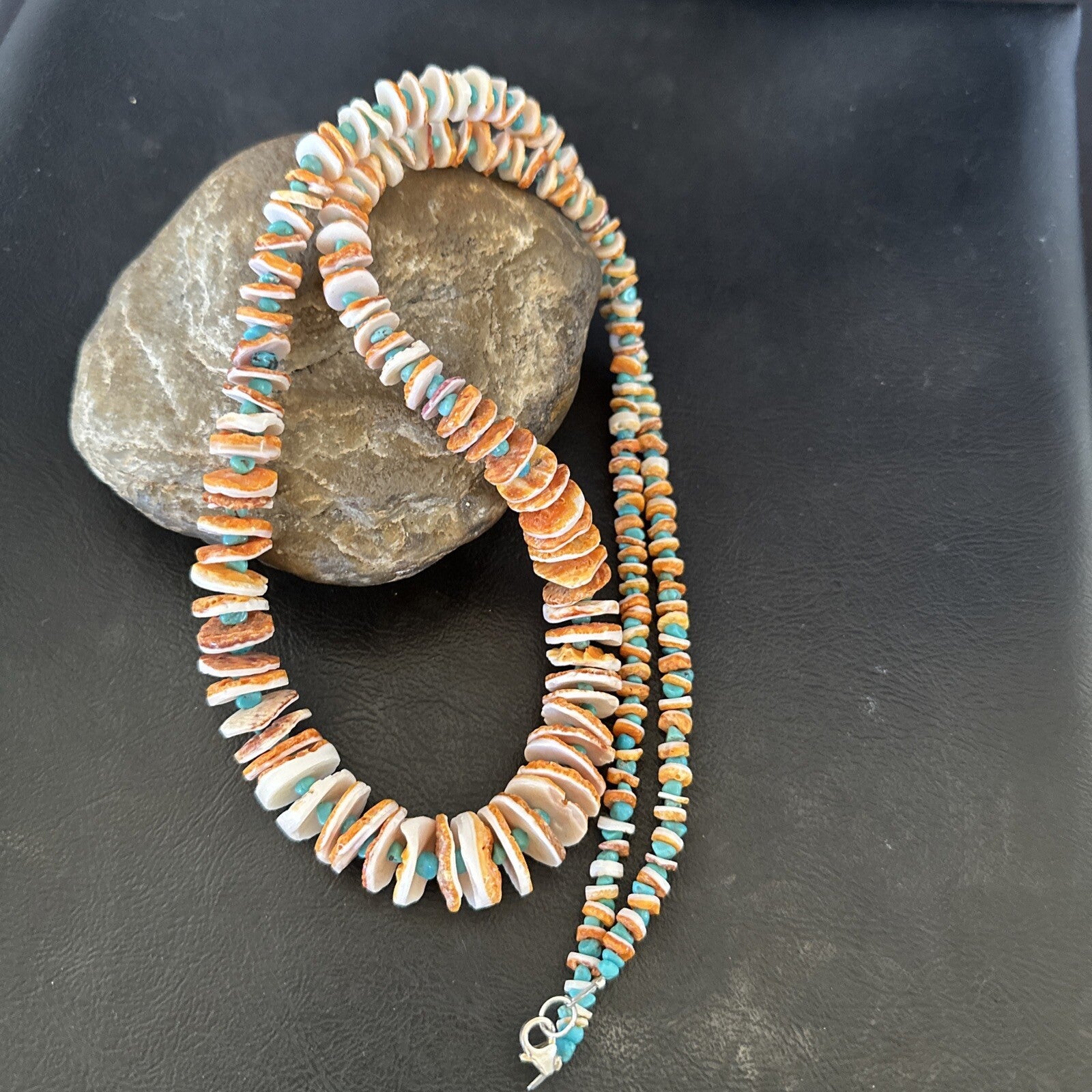 Blue Turquoise Orange Spiny Oyster Santo Domingo Necklace 30” 17754