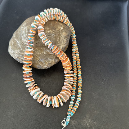 Blue Turquoise Orange Spiny Oyster Santo Domingo Necklace 30” 17754