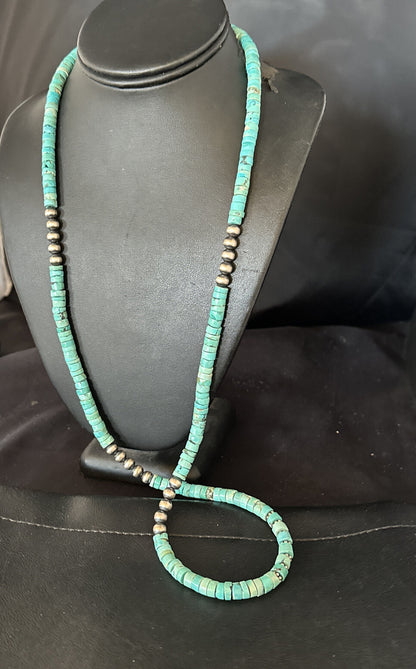 USA Blue Turquoise 21” Heishi Sterling Silver Bead Necklace 15164