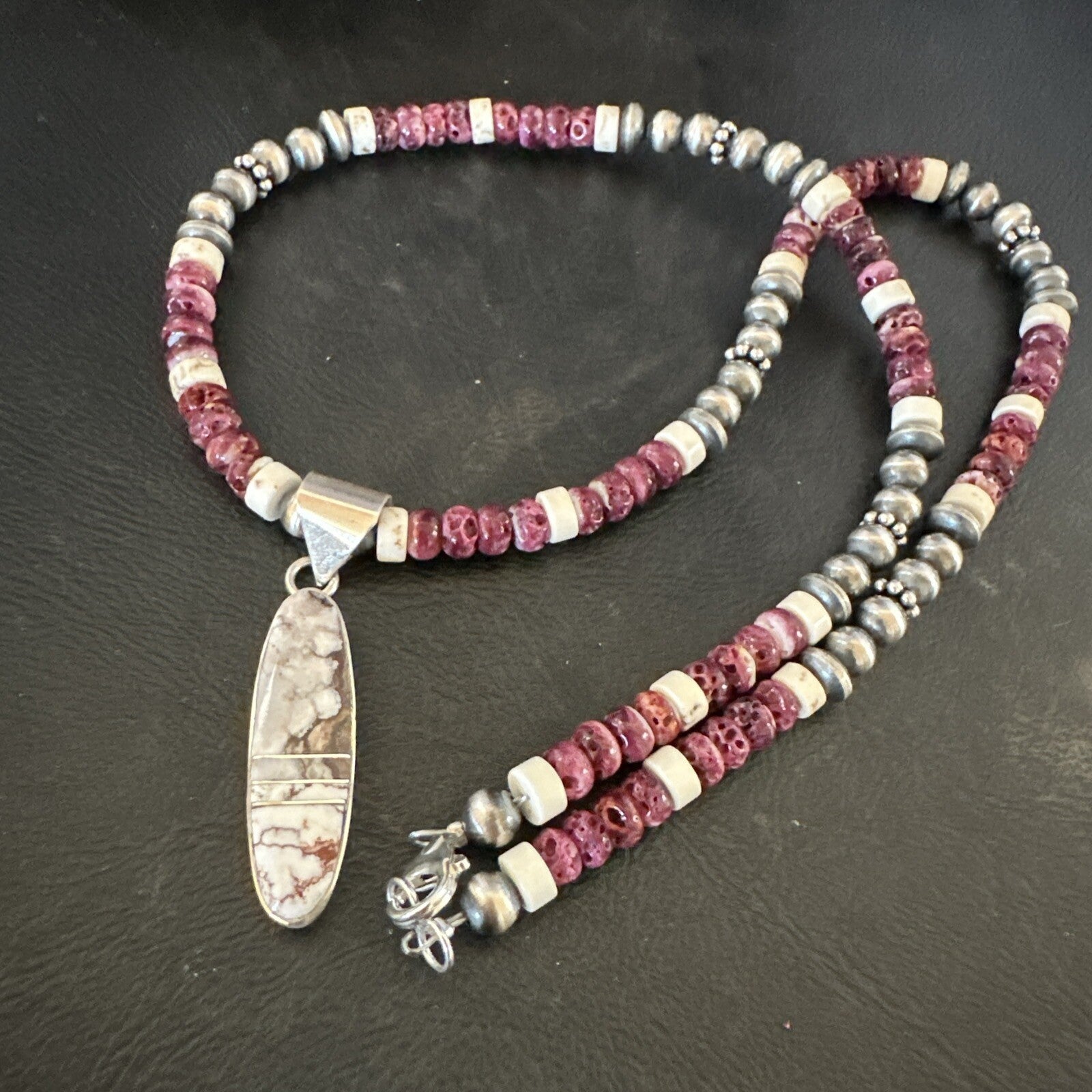 Purple Spiny Oyster Wild Horse Pendant Navajo Sterling Silver Necklace 17795