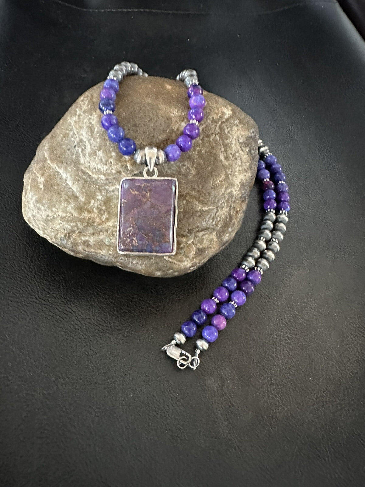 Purple Stone Turquoise Pendant Navajo Pearls Sterling Silver Necklace 18384