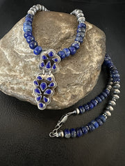 Men's Women's Blue Lapis Navajo Cluster Pendant Necklace 21" | Sterling Silver | Authentic Native American Handmade | 18340