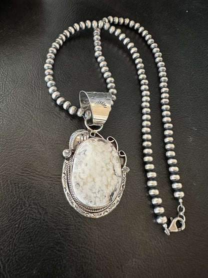 White Buffalo Turquoise Pendant Navajo Pearls Sterling Silver Necklace 19377