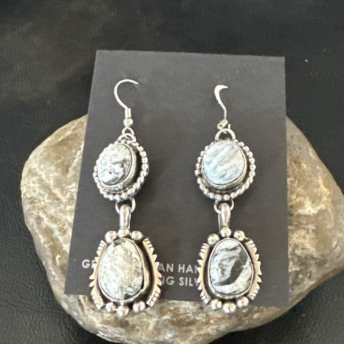 Womens Navajo White Buffalo Turquoise Sterling Silver Dangle Earrings 2" 19309