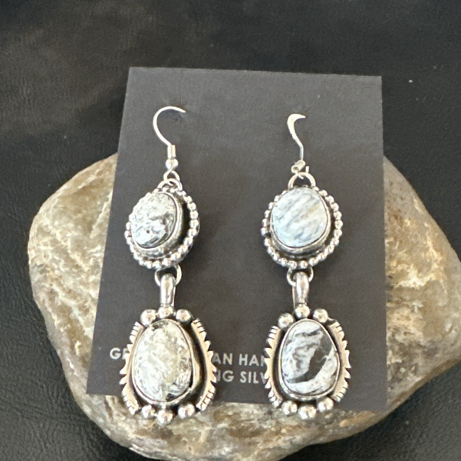 Womens Navajo White Buffalo Turquoise Sterling Silver Dangle Earrings 2" 19309