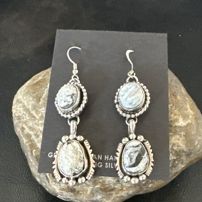 Womens Navajo White Buffalo Turquoise Sterling Silver Dangle Earrings 2" 19309