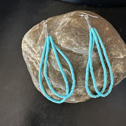 New Blue Turquoise Heishi 2 Strand Dangle Sterling Silver Earrings 3” 19039