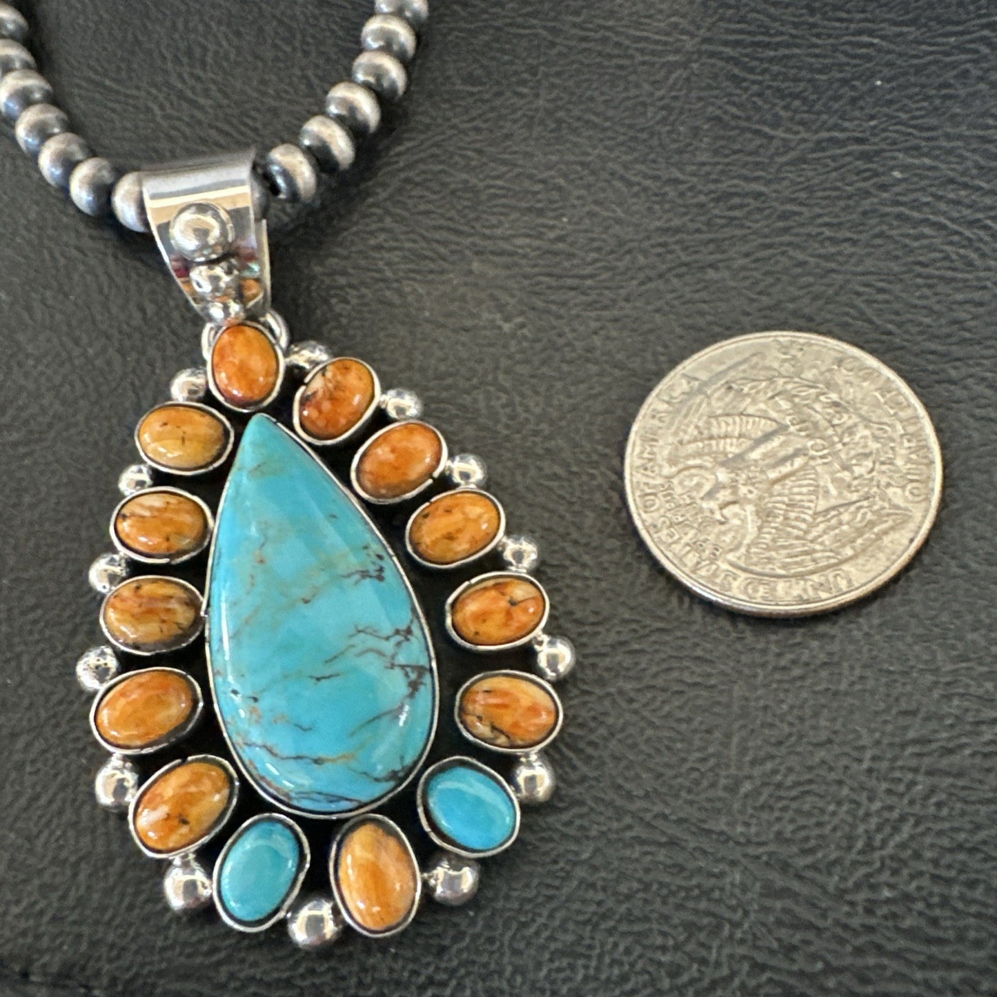 Multicolor Turquoise Spiny Navajo Sterling Silver Cluster Pendant Necklace 19559