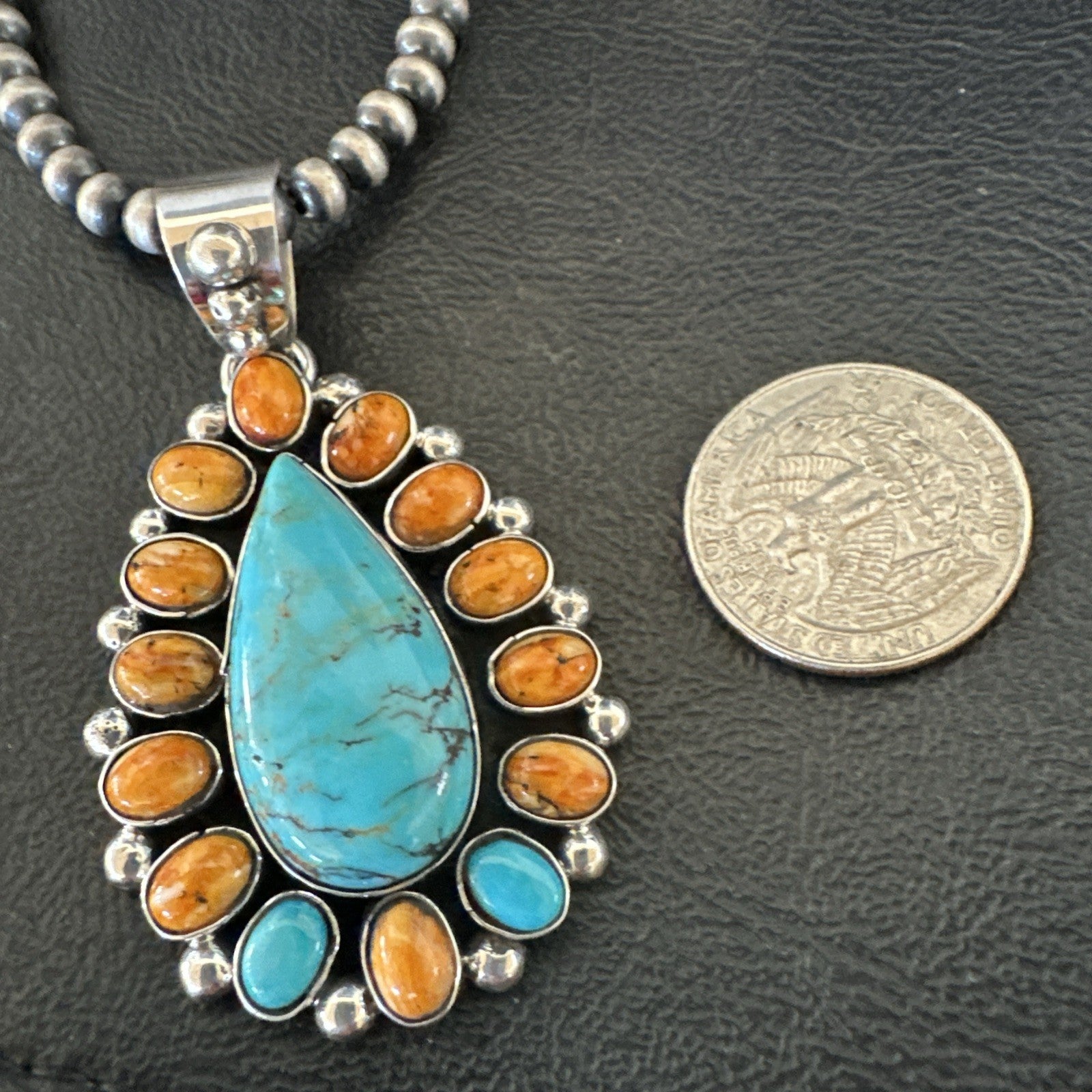 Multicolor Turquoise Spiny Navajo Sterling Silver Cluster Pendant Necklace 19559