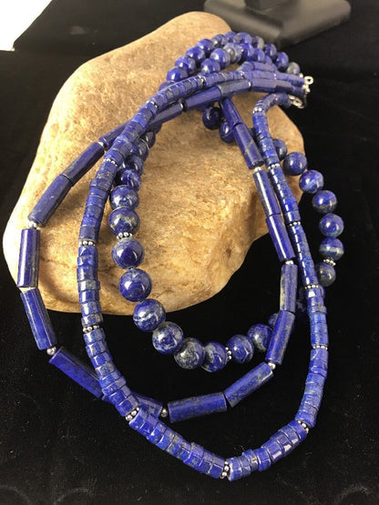 Native Denim Lapis 3 strand Sterling Silver Tube Bead 22" Necklace 3869
