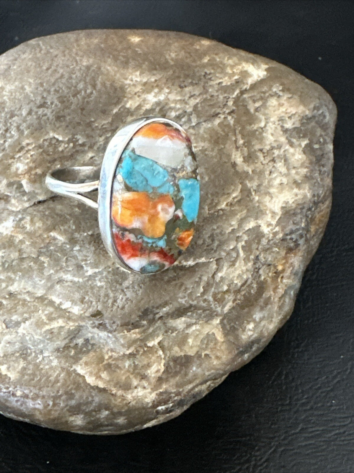Blue Turquoise Orange Spiny Oyster Navajo Sterling Silver Ring Size 10 18207
