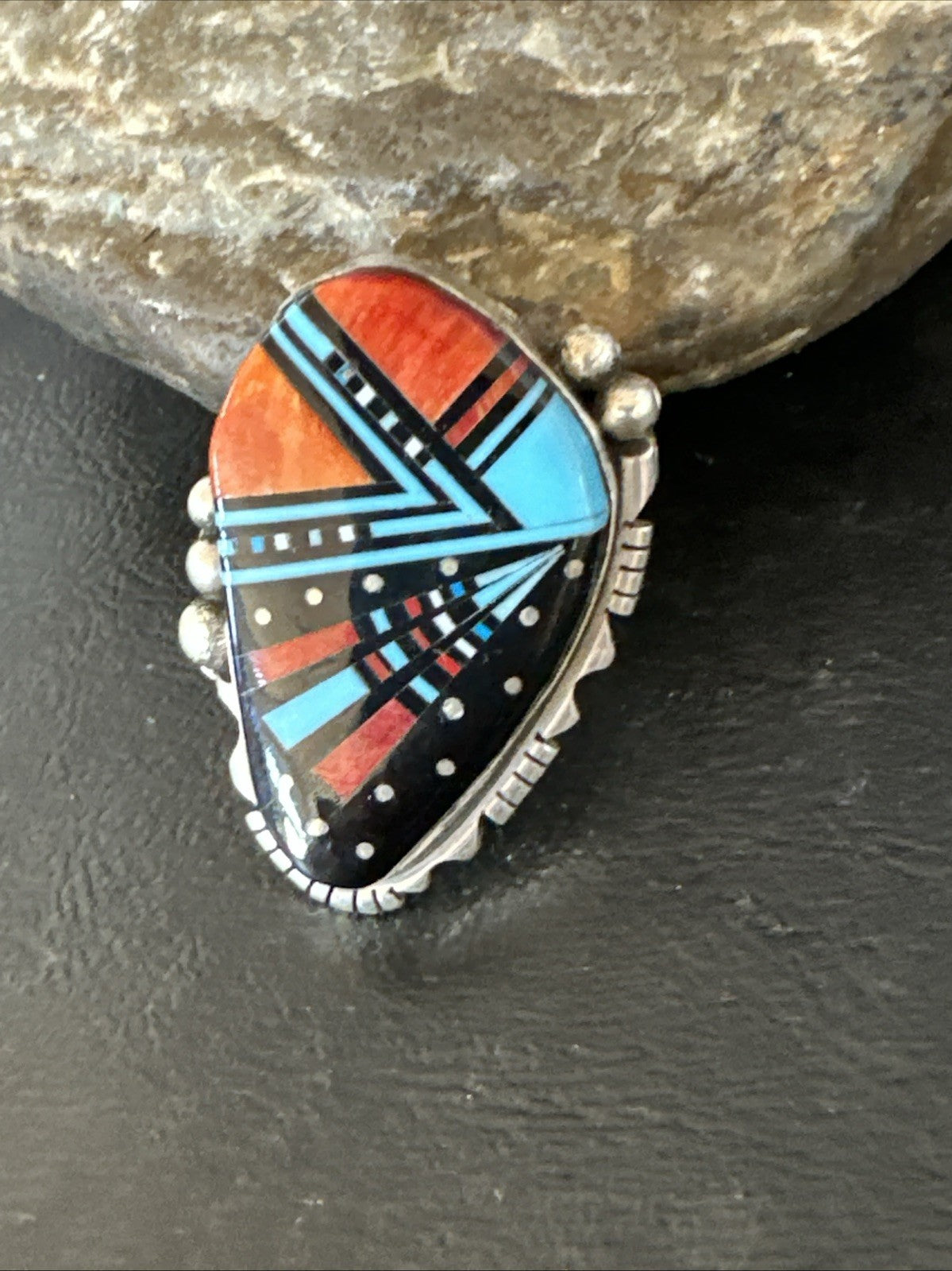 Cosmic Inlay Onyx Turquoise Spiny Navajo Sterling Silver Ring Size 9 19789