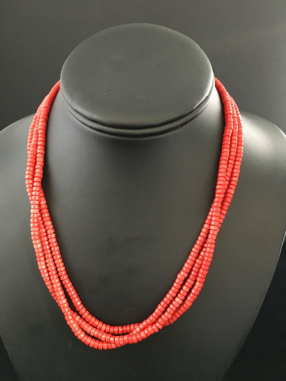 Red Coral Stabilized 3 Strands Navajo Sterling Silver Heishi Necklace 01778