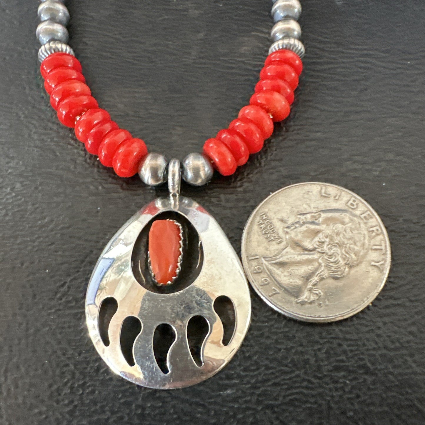 Mens Red Coral BearPaw Pendant Navajo Pearls Sterling Silver Necklace 17883