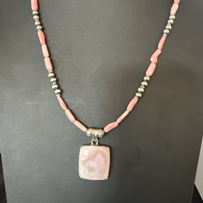 Southwestern Sterling Silver Pink Coral Bead Necklace Quartz Pendant 24" 19591