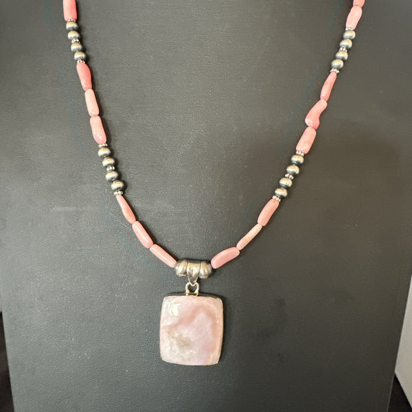 Southwestern Pink Coral Bead Necklace Quartz Pendant 24" | Sterling Silver | Authentic Native American Handmade | 19591