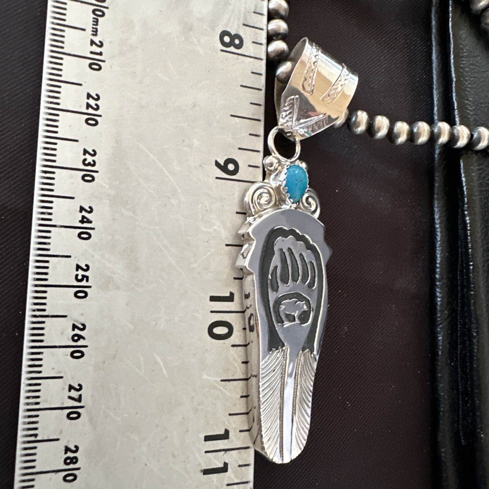 Feather BearPaw Navajo Sterling Silver Blue Turquoise Necklace Pendant 17813