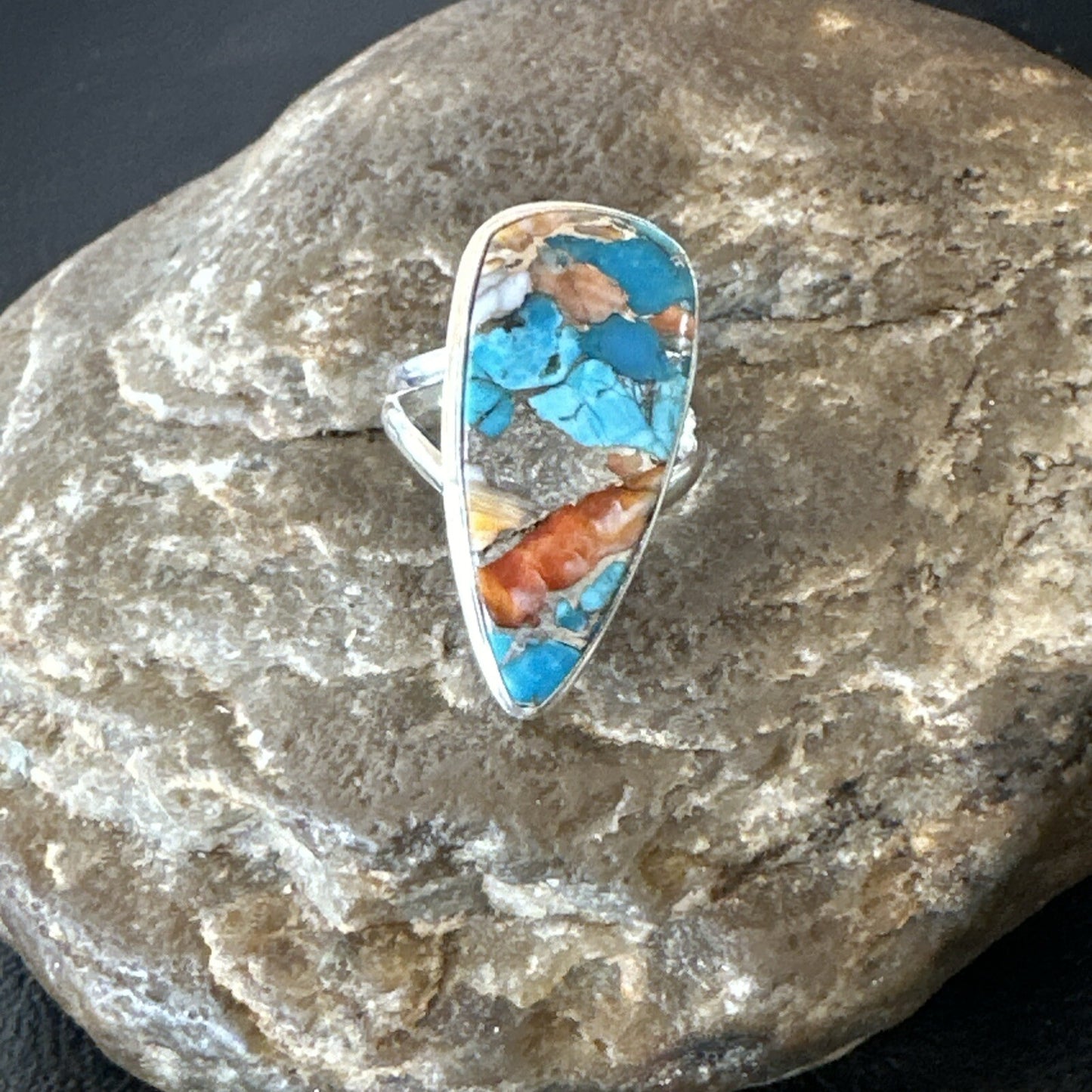 Blue Turquoise Spiny Oyster Southwestern Sterling Silver Ring Size 5 18501