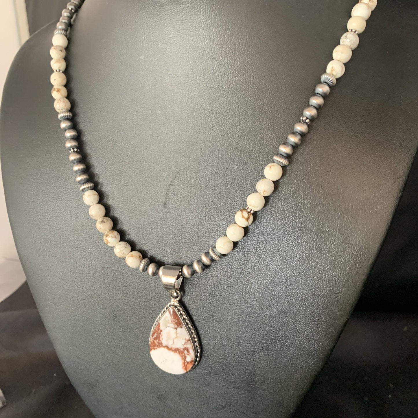 Navajo Pearls Sterling Silver Wild Crazy Horse Turquoise Necklace Pendant 13905