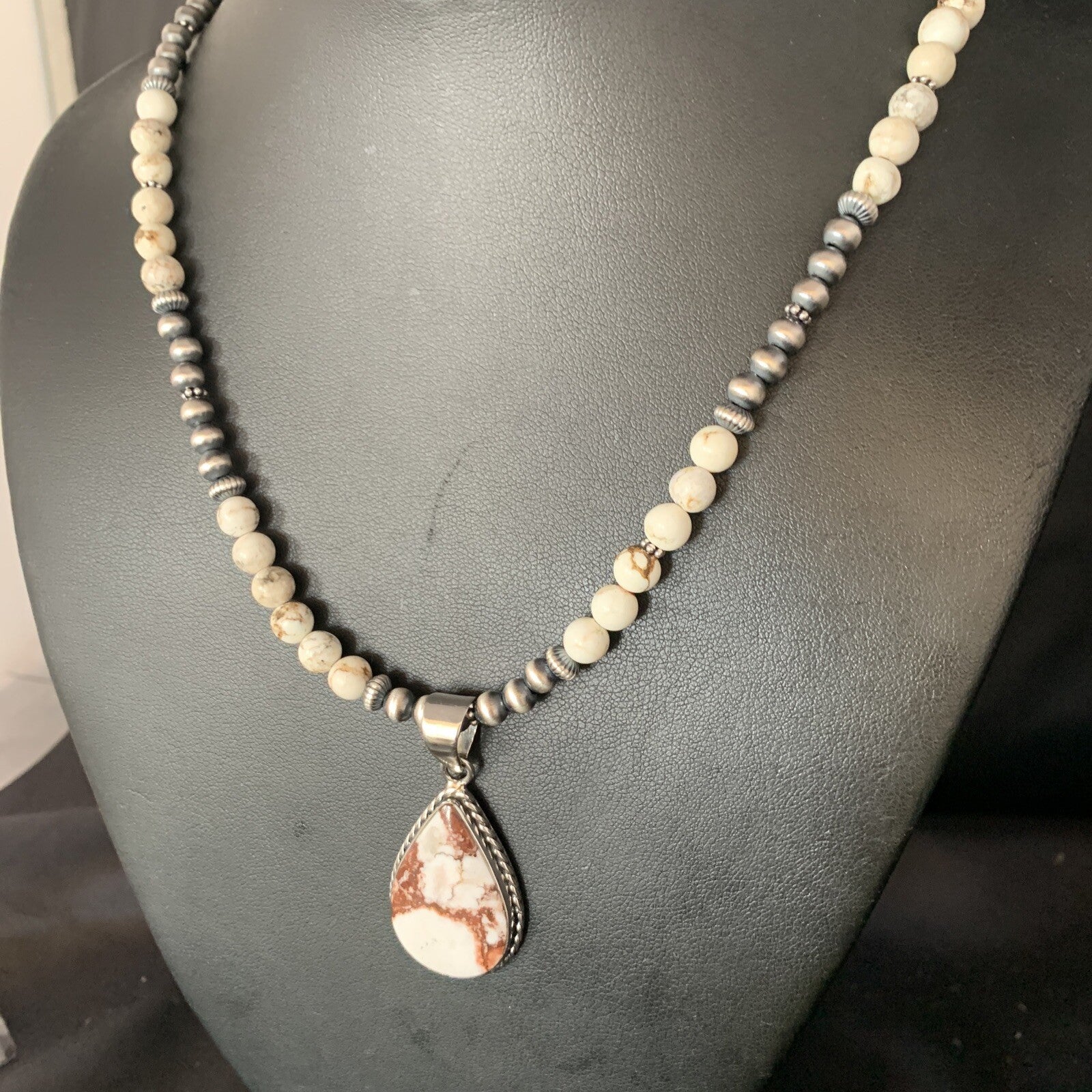 Navajo Pearls Sterling Silver Wild Crazy Horse Turquoise Necklace Pendant 13905