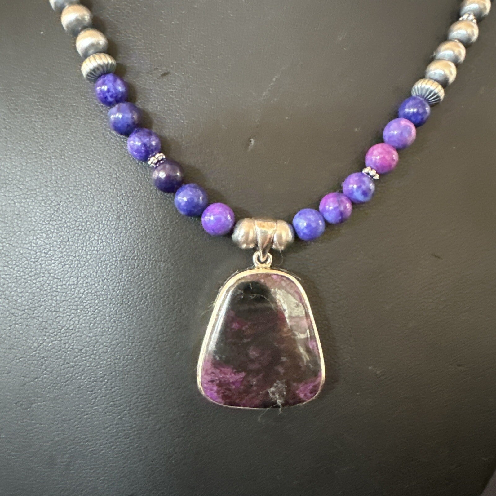 Purple Stone Pendant Navajo Pearls Sterling Silver Necklace 23" 17890