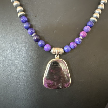 Purple Stone Pendant Navajo Pearls Sterling Silver Necklace 23" 17890