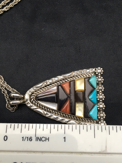 Turquoise Multi-Color Pendant Navajo Indian Sterling Silver Necklace 4093