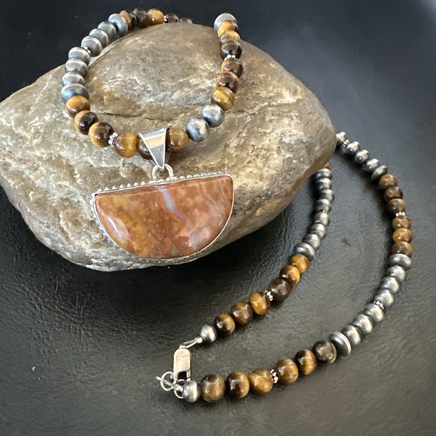 Coffee Tigers Eye Jasper Sterling Silver Pendant Necklace Southwestern 18290