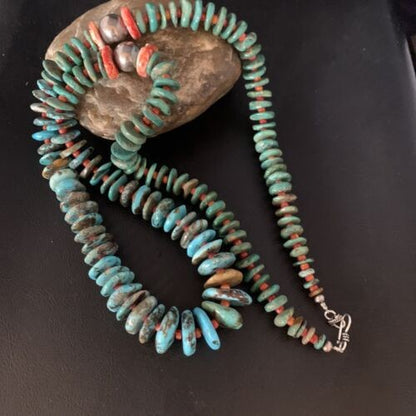 Navajo Graduated Blue Green Turquoise Spiny Necklace Sterling 33" 13569