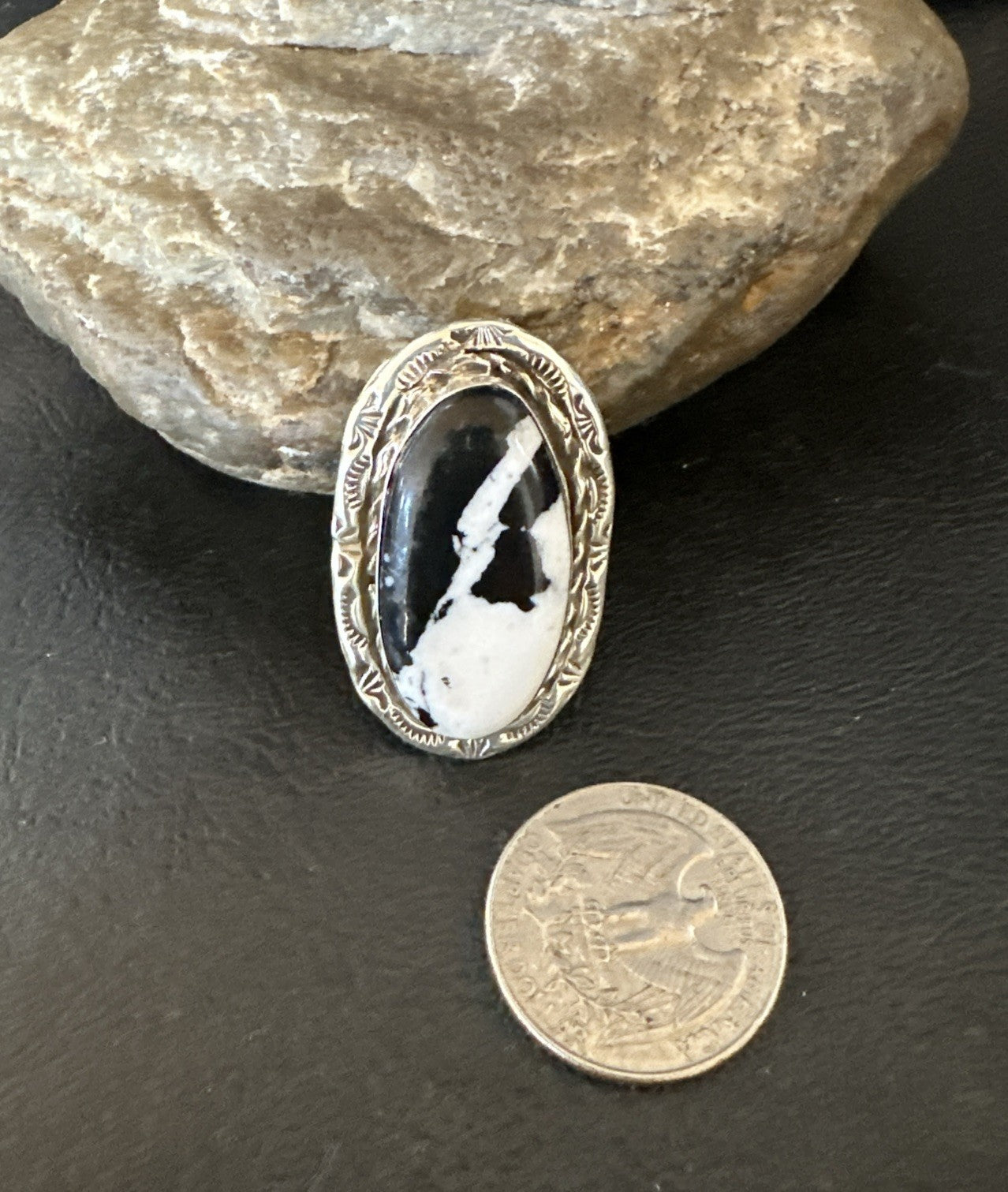 Black White Buffalo Turquoise Navajo Sterling Silver Ring Size 9 19808