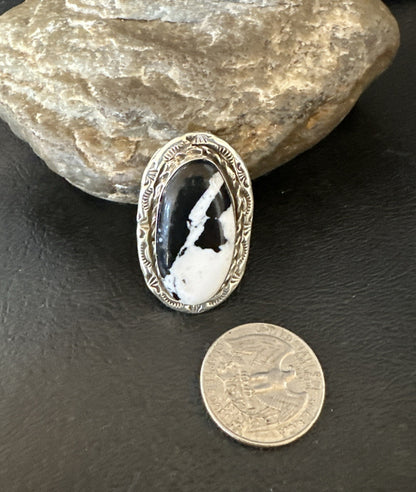Black White Buffalo Turquoise Navajo Sterling Silver Ring Size 9 19808
