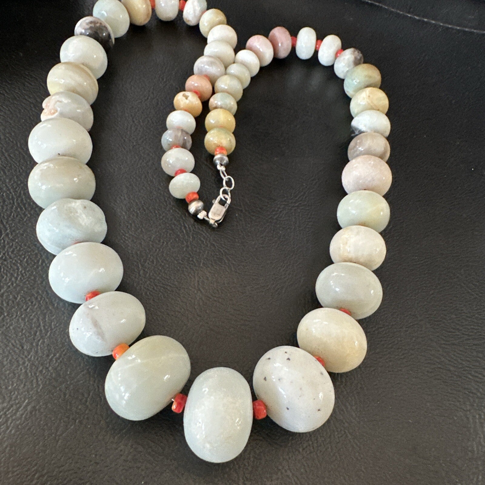 Blue Amazonite Orange Spiny Navajo Sterling Silver Bead Necklace 23” 18074