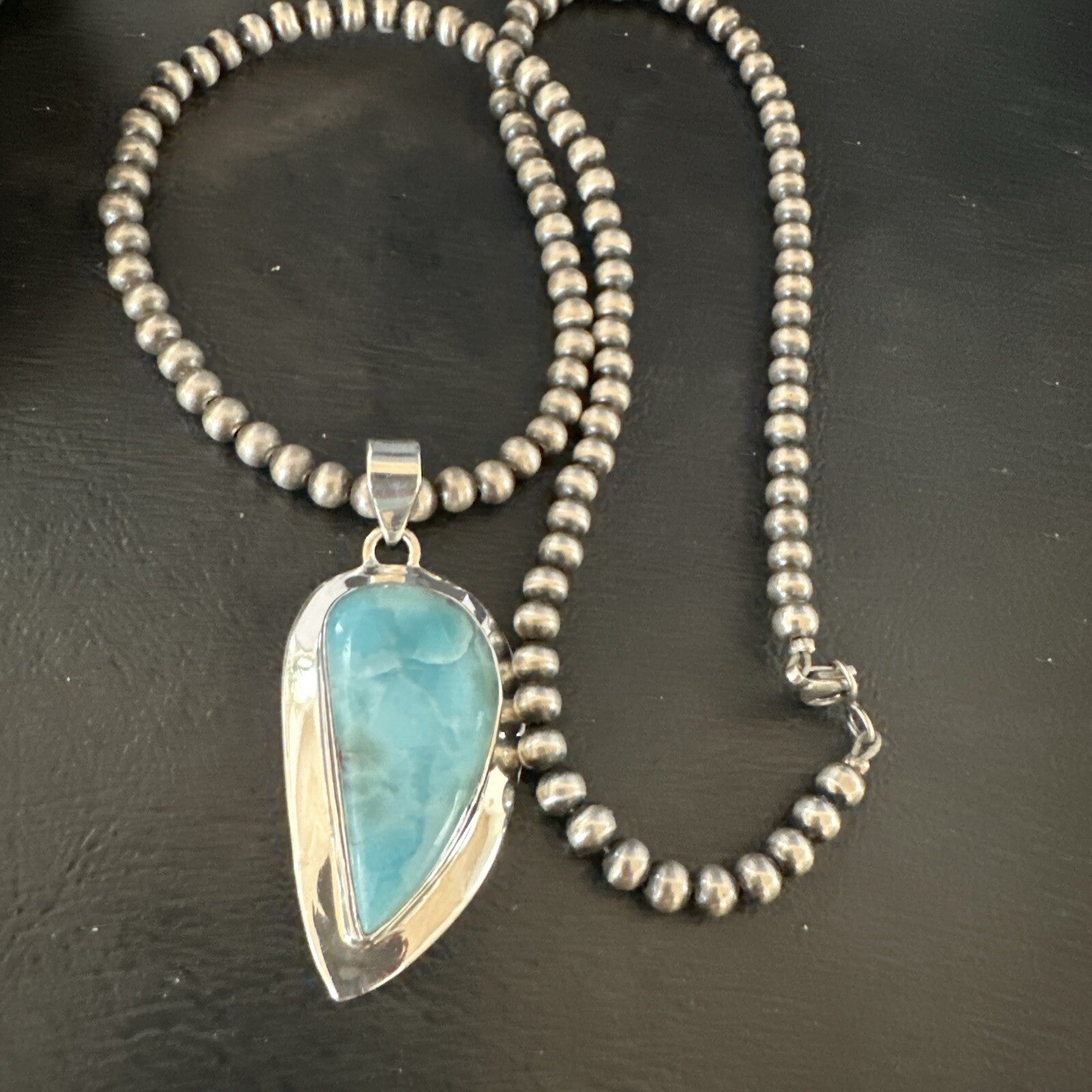 Womens Blue Larimar Pendant Navajo Sterling Silver Beads Necklace 17716