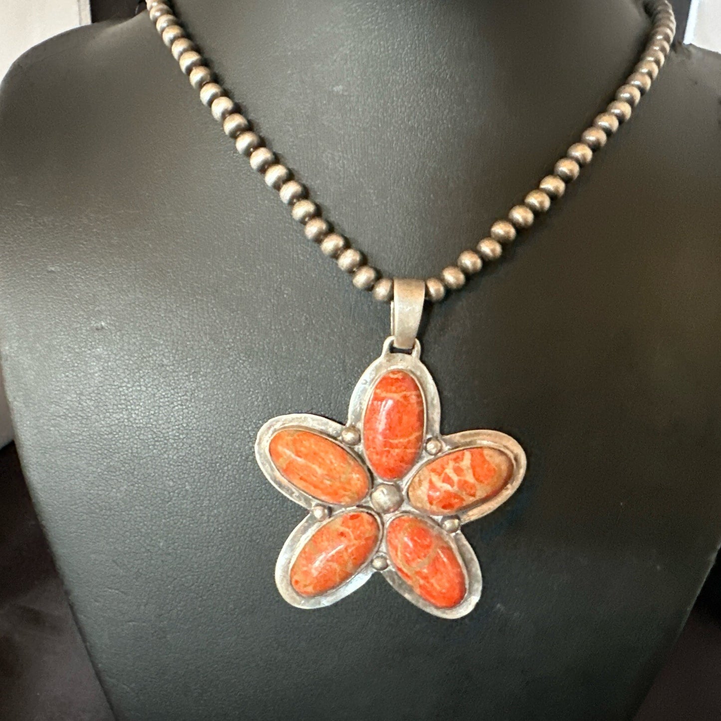 Navajo Apple Sponge Coral Sterling Silver Necklace Pendant 18133