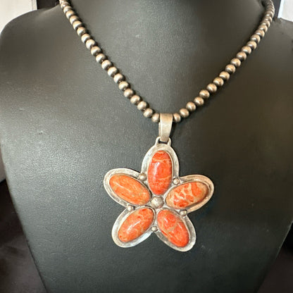 Navajo Apple Sponge Coral Sterling Silver Necklace Pendant 18133