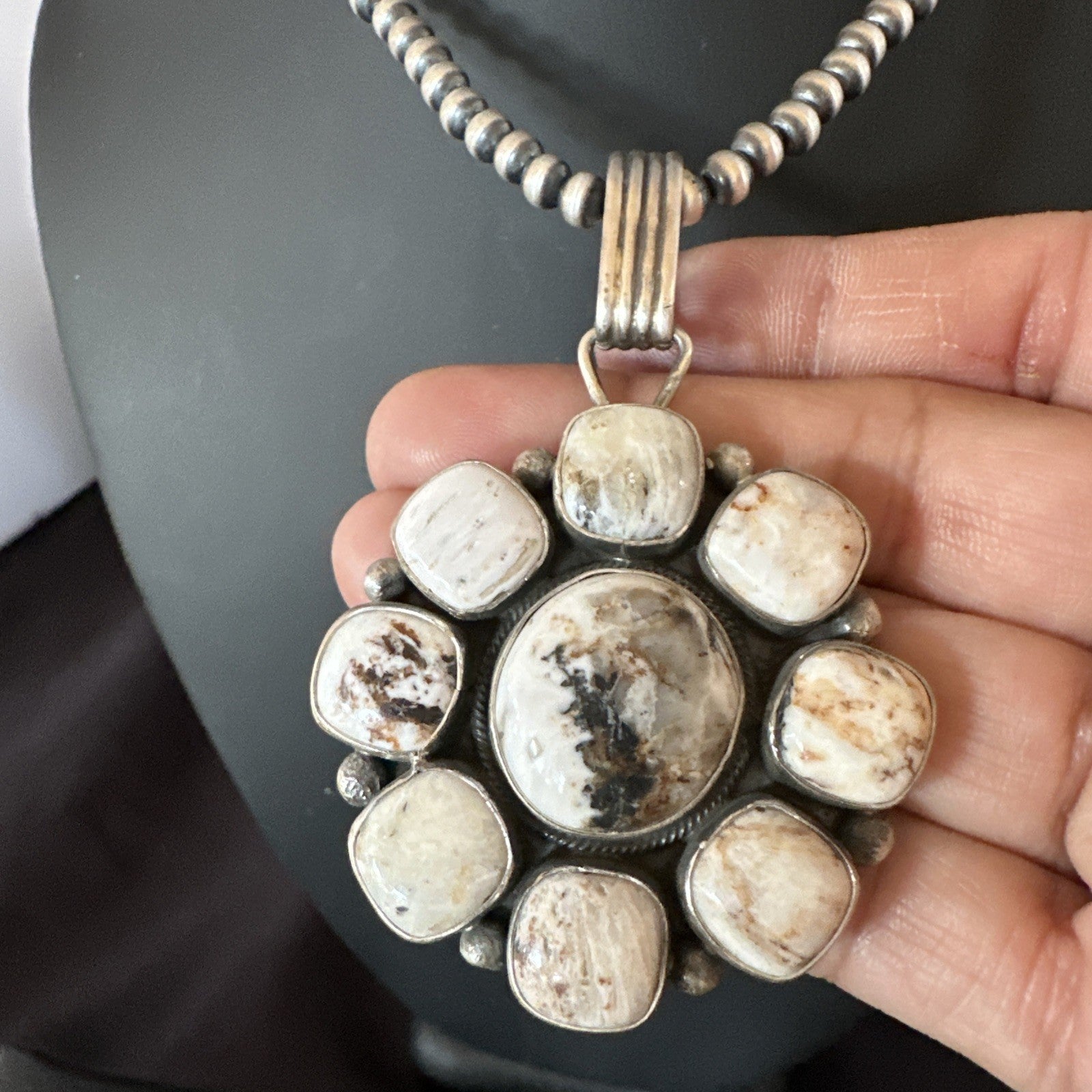 White Buffalo Turquoise Cluster Pendant Navajo Sterling Silver Necklace 19271