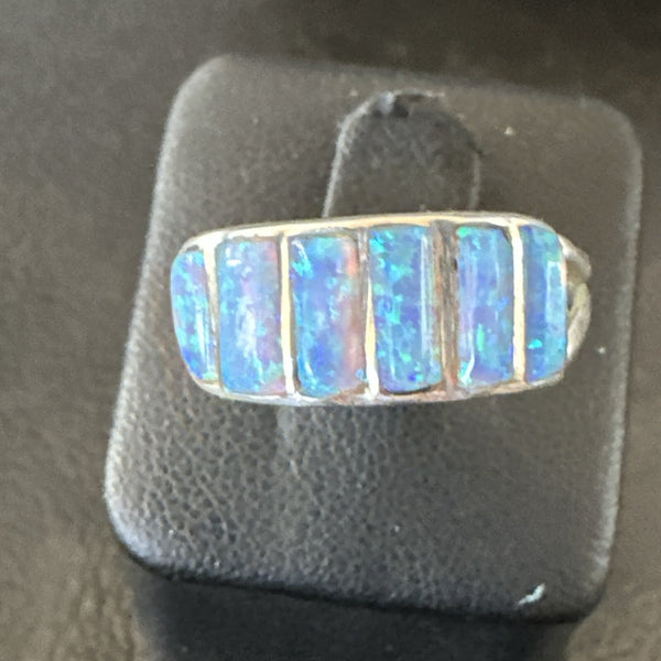 Blue Opal Navajo Inlay Ring Size 8.5 | Sterling Silver | Authentic Native American Handmade | 18712