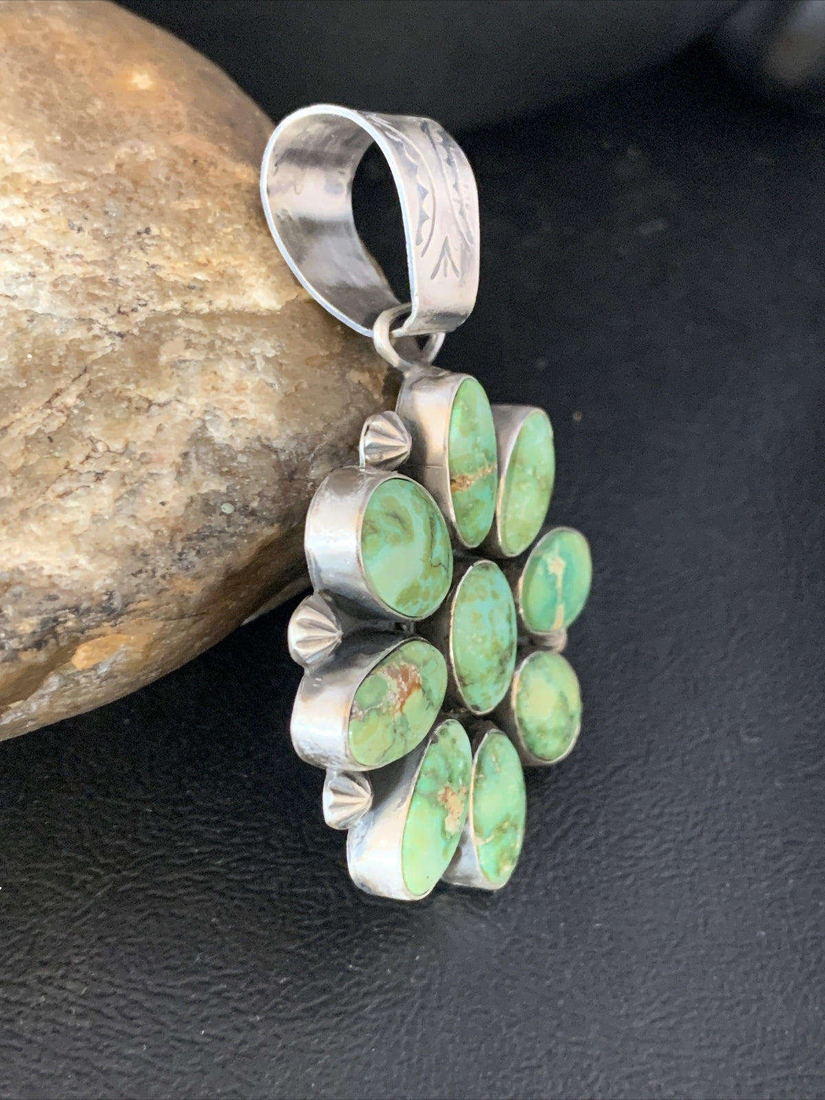 Green Sonoran Gold Turquoise Navajo Sterling Silver Cluster Pendant 14070