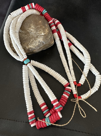 Red Coral White Turquoise 2 St Native American Santo Domingo Necklace 28" 19440