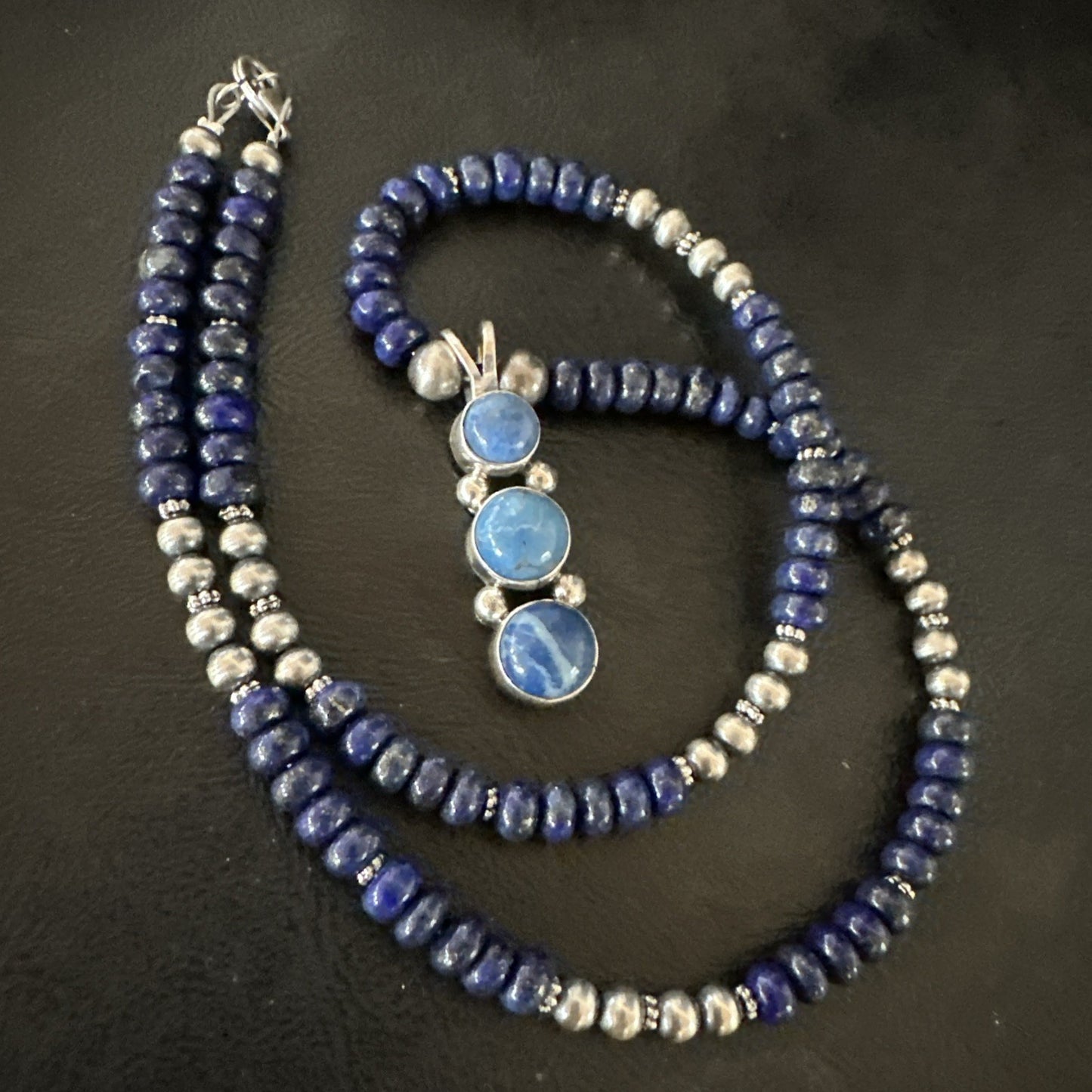 Handmade Blue Lapis Cluster Pendant NavajoSterling Silver Necklace 2" 19655