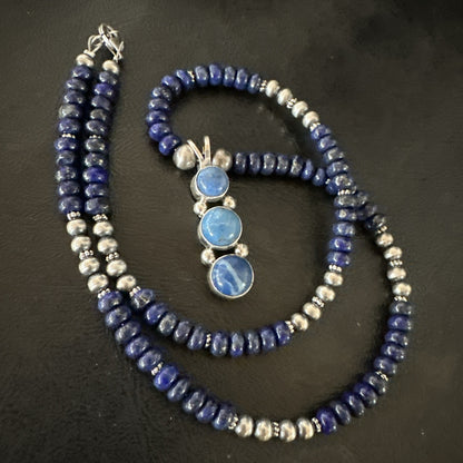 Handmade Blue Lapis Cluster Pendant NavajoSterling Silver Necklace 2" 19655