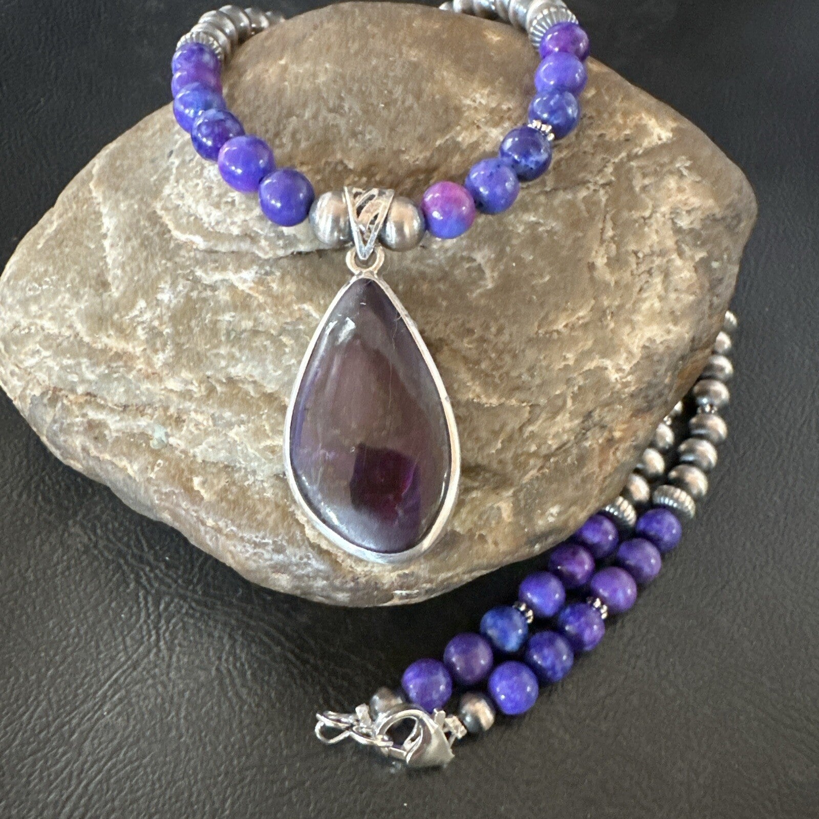 Purple Stone Pendant Navajo Pearls Sterling Silver Necklace 23" 17893