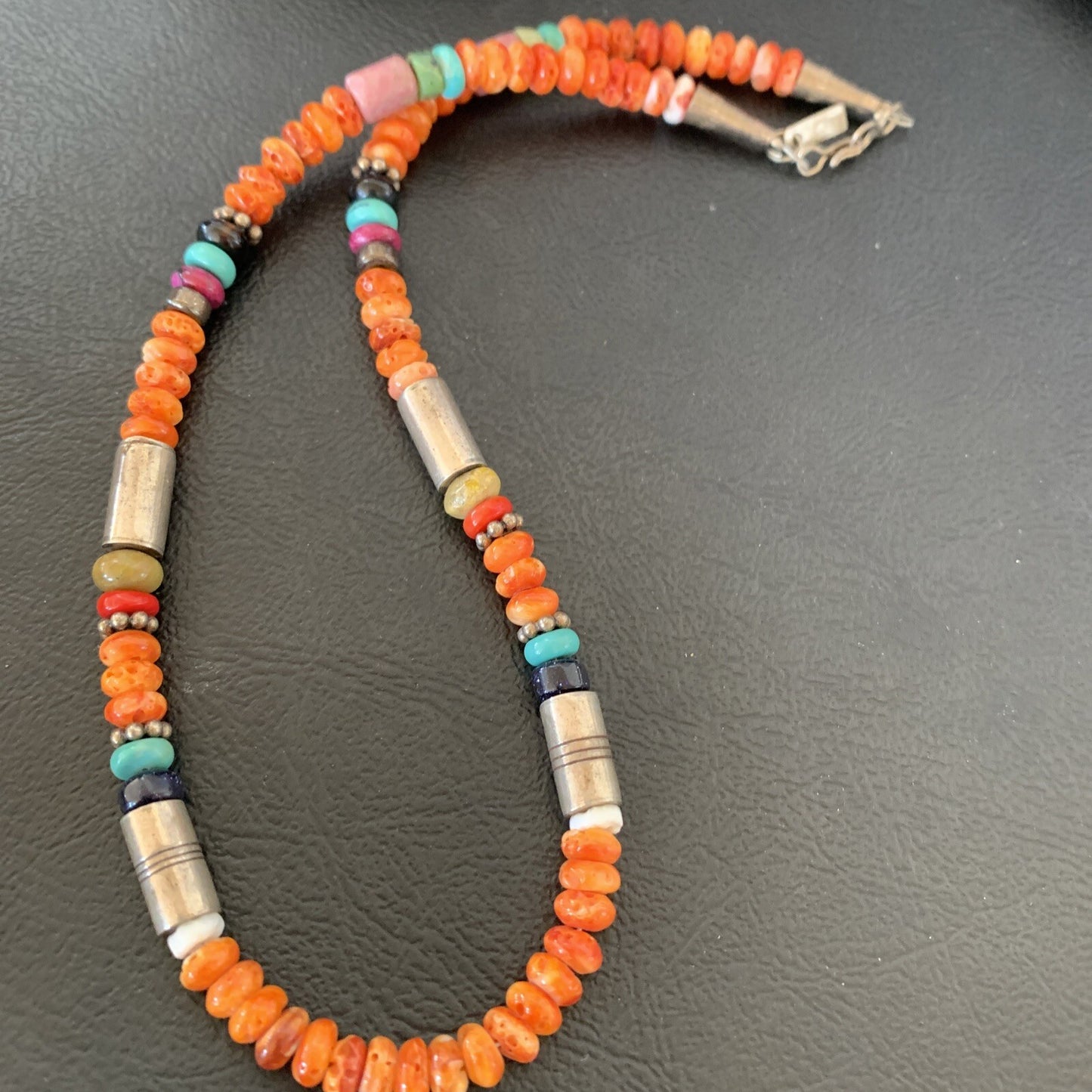 Turquoise Spiny Oyster & Coral Beads Sterling Silver Gold Necklace 10393