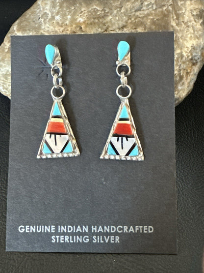 Turquoise Onyx Inlay Zuni Sterling Silver Old Pawn Earrings 00269